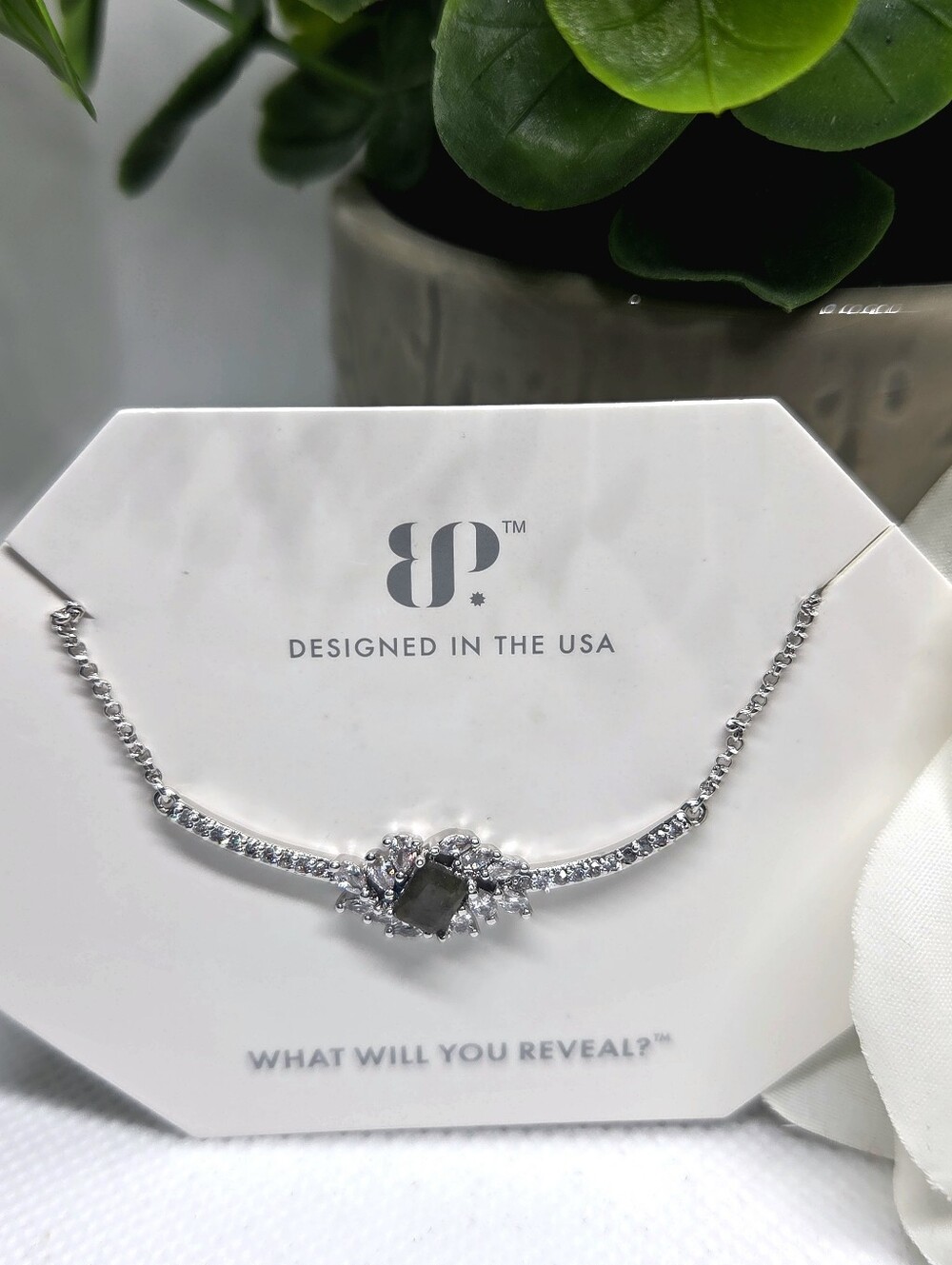 BP Genuine Laboradite  Necklace with Gray Center Stone and Crystal Accents